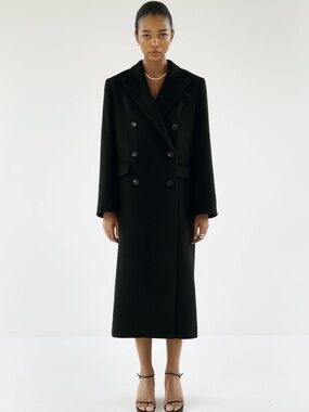Almada Label Women’s Drew Double-Breasted Wool Long Coat in Black, Small S
